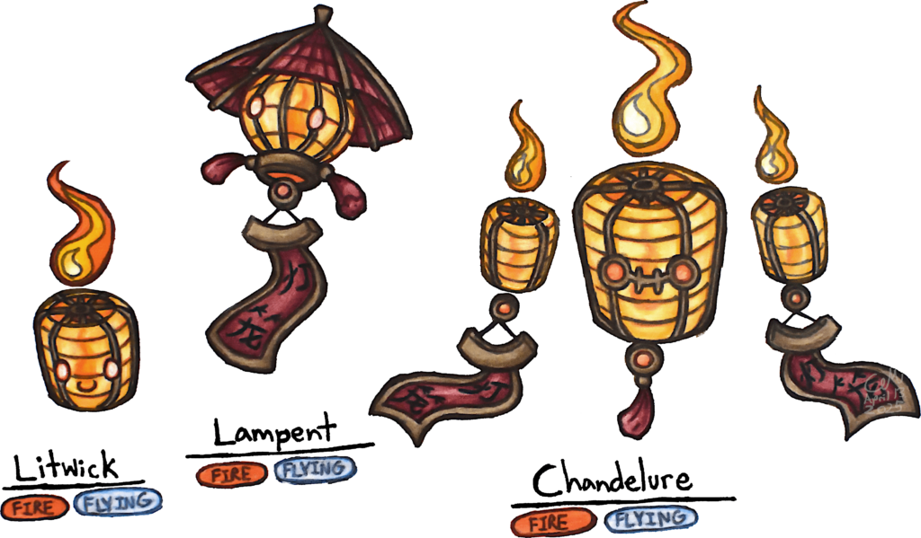 Litwick, Lampent, & Chandelure (Paper lantern inspired Regional Variant)