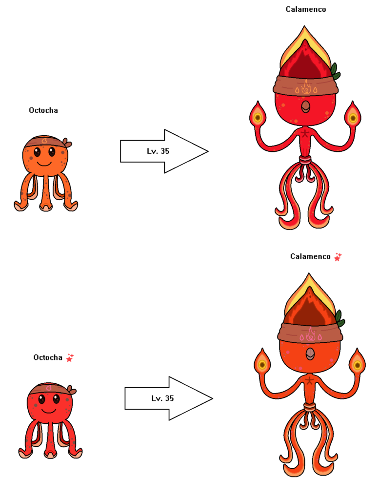 Meet Octocha and Calamenco! Both are Fire-Types! Based on squids and Fire dancers!