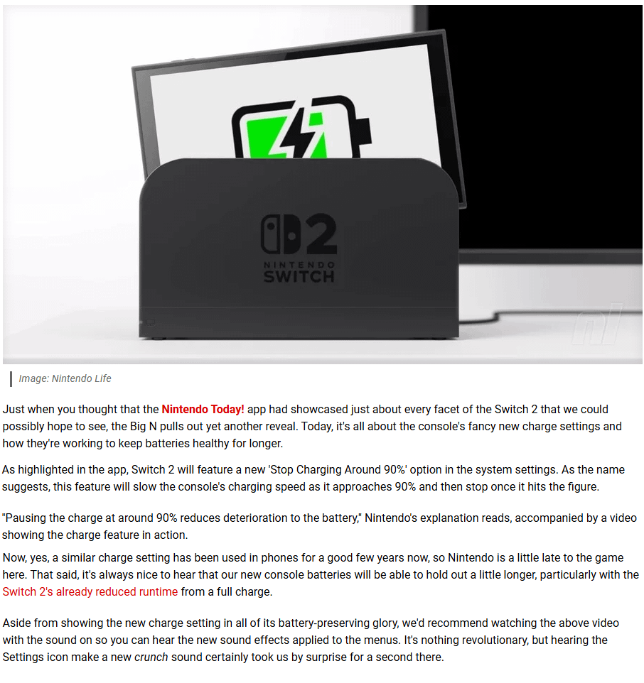 Late to the Party: Nintendo finally introduces "Stop Charging around 90%" Battery Setting