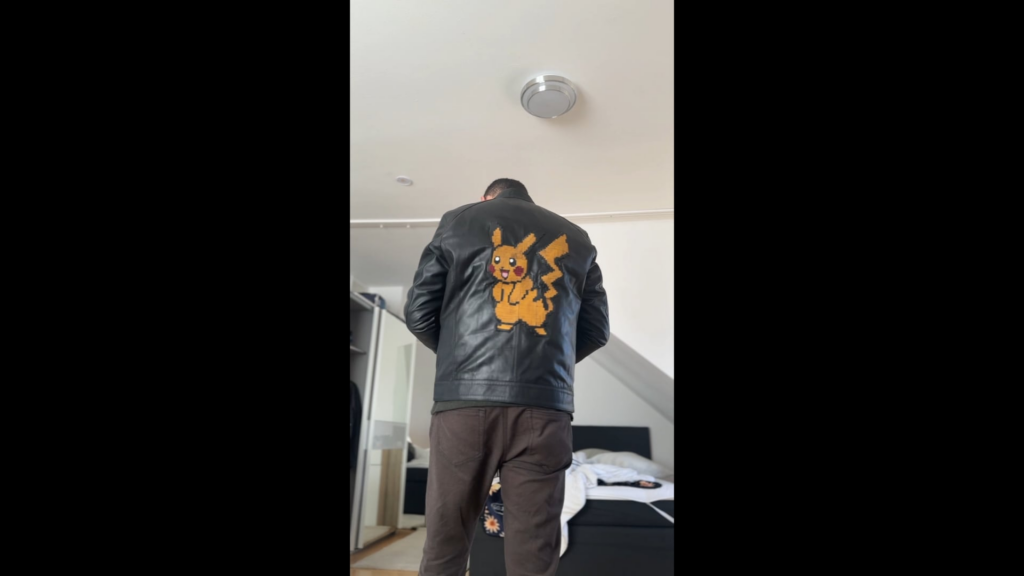 I made this real leather jacket featuring Pikachu in pixel art style – would you wear it?