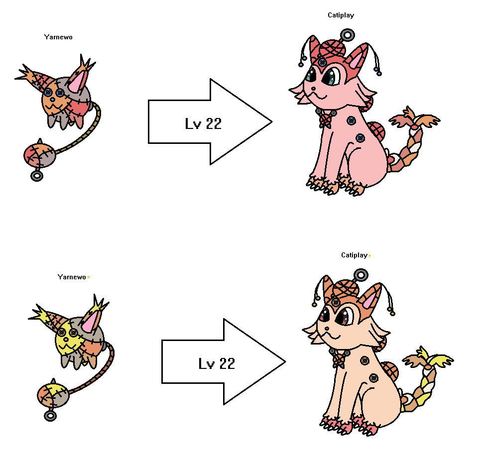 Meet Yarneow and Catiplay! They're both pure Normal types! based on Cats, yarn balls, and stitched-up toys.