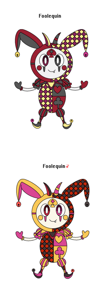 Meet Foolequin! The Dark/Fairy Type Prankster! based on jesters, harlequin, playwright masks, and playing card symbols.