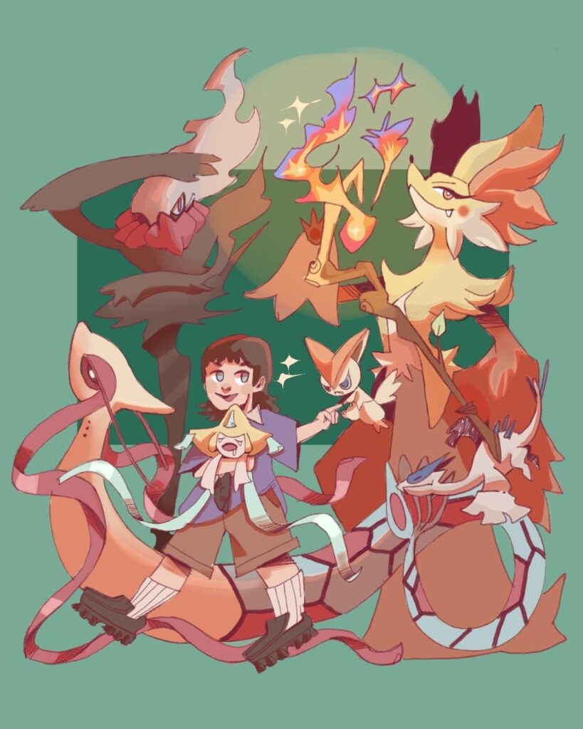 A trainer with his mystical band of pokemon