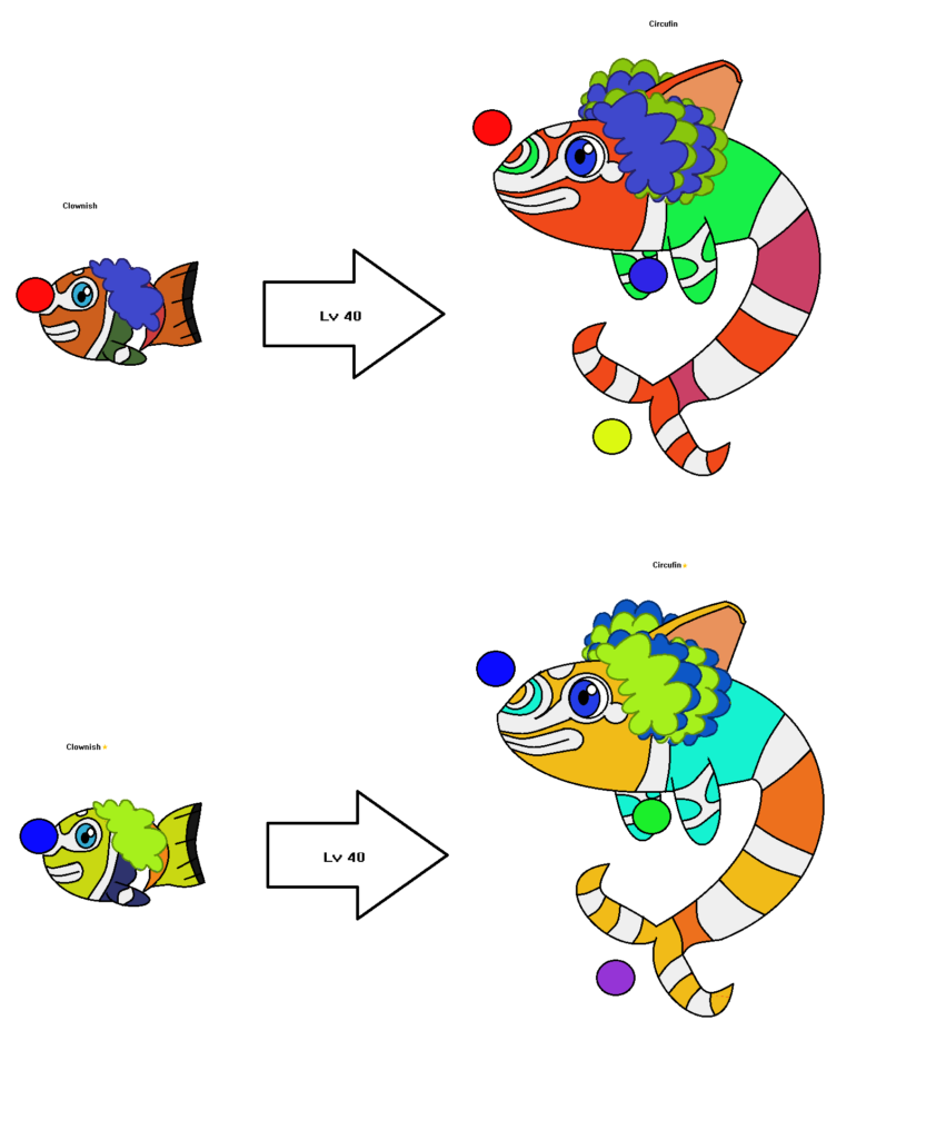 Meet Clownish, The Water-Type. and Circufin, the Water/Psychic Type! Based on clownfish, clowns, dolphin, and jugglers. 🤡🐟