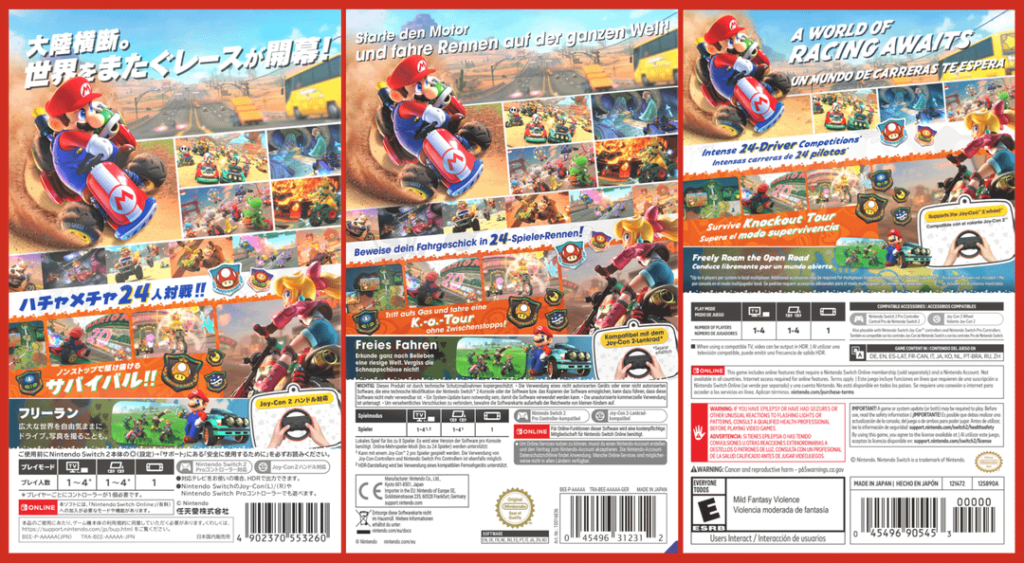 Mario Kart World Game Case Backside JPN, DE(EU) and US Versions (compared and solo)