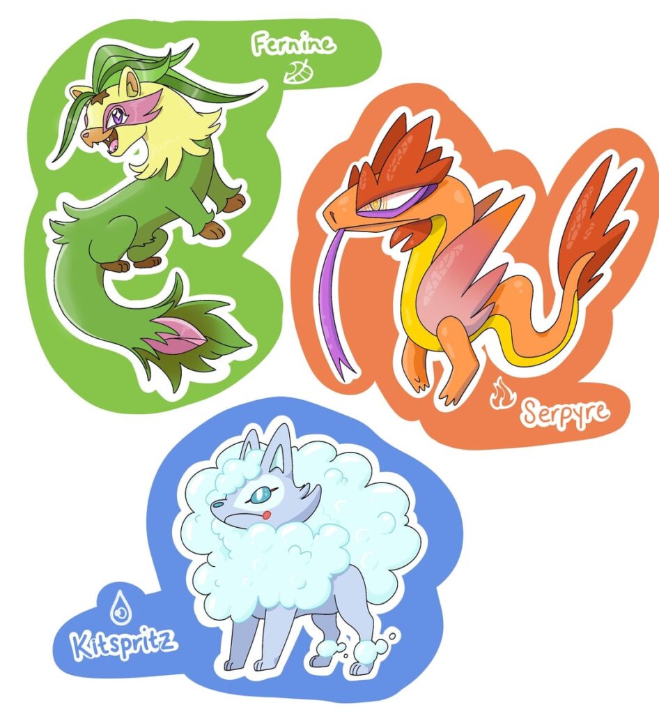 My Starters’ Second Stages: Fernine, Serpyre, and Kitspritz (swipe for their first stage)