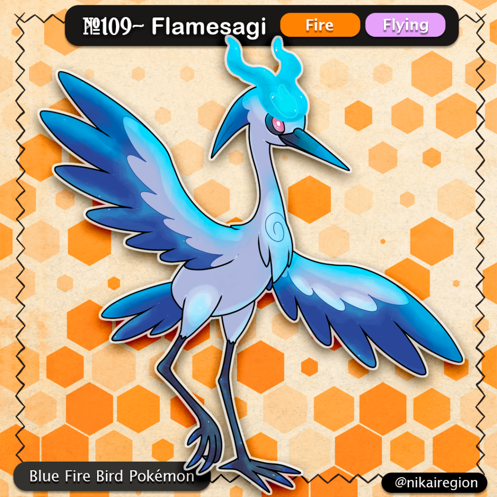 Blue Fire Heron Fakemon - Aosagibi Yokai Japanese Pokémon - Fire/Flying Grey Heron Pokemon- @nikairegion