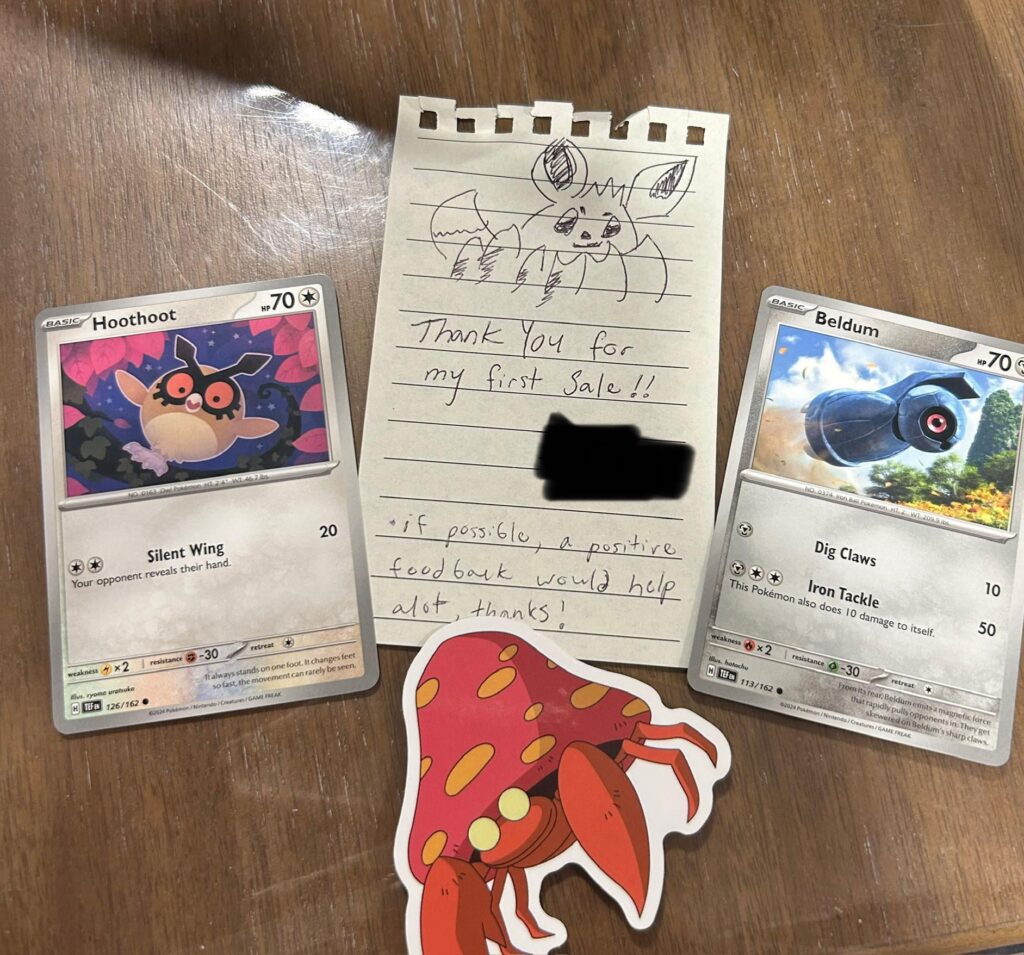 Purchased a trainer box from a new seller on tcg and received this note. found it wholesome