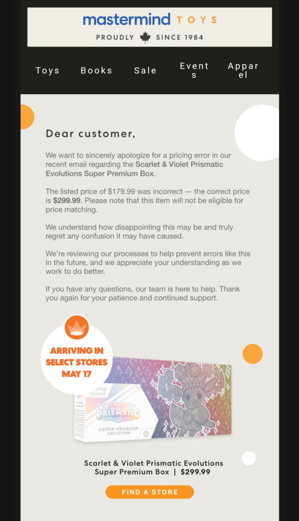 Mastermind Toys in Canada "incorrectly priced" the Prismatic SPC at retail, then proceeds to sell it at scalper pricing