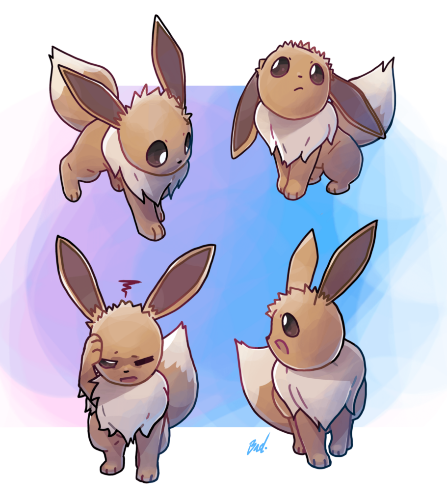 I tried to get better at coloring and shading so I drew some Eevee's (The bottom left one is super sleepy, like me when I was drawing this)