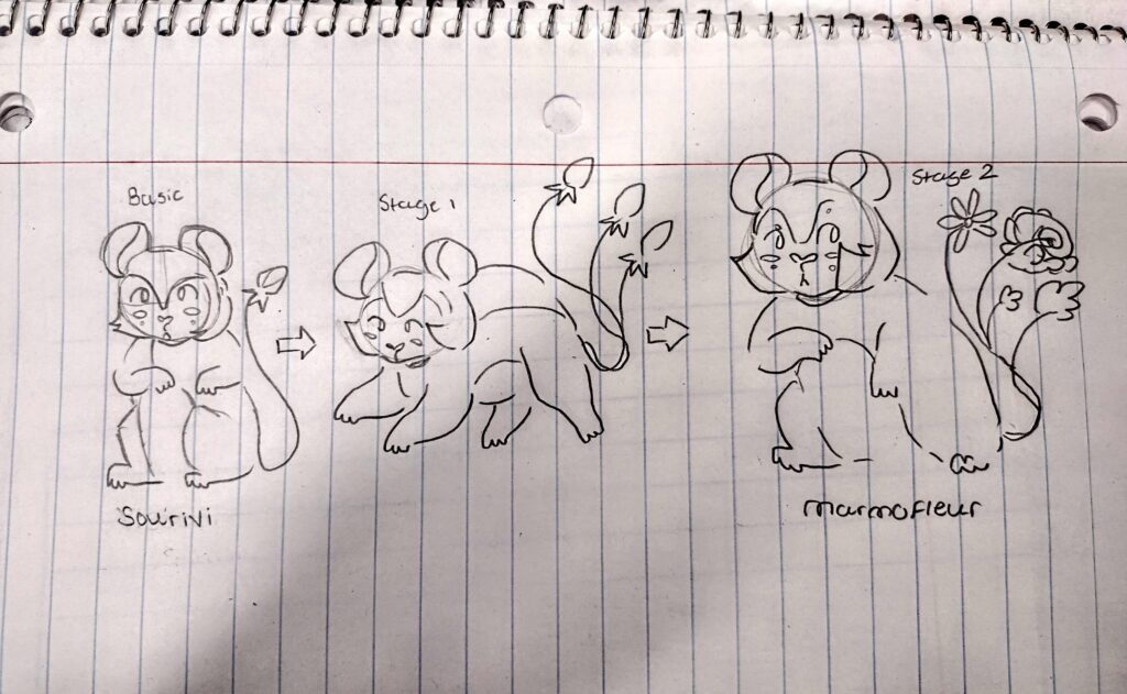 Quick sketches of my fakemon's evolution line🐁🌿