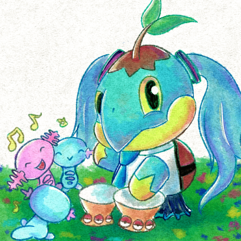 Hatsune Turtwiko playing the bongos (OC) (redraw of a previous drawing)