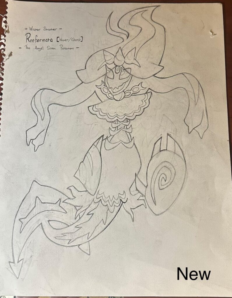 Redesign of the final evo of my water starter, Reefermata (based on Sirens, Sea Angels and Mami Wata mythology). Swipe right to see the old design, is it an improvement?