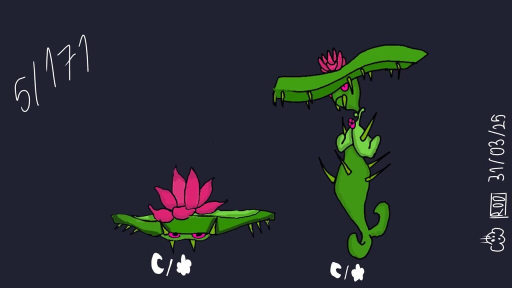 Giant water lilies; they are tyrants of rivers, attacking other Pokémon with their spines. Often confused with lotads and lombres. Dark and grass.