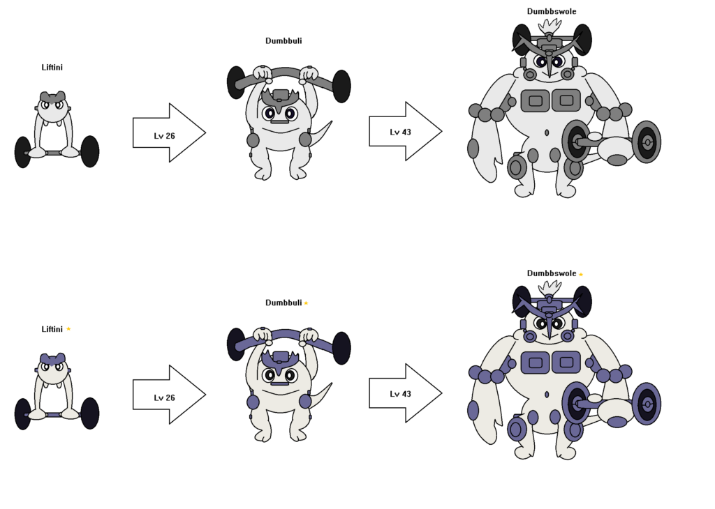 Meet Liftini, Dumbbull, and Dumbswole! They're all duel Fighting/Steel Types! Based on dumbbells, weight lifters and bodybuilders.