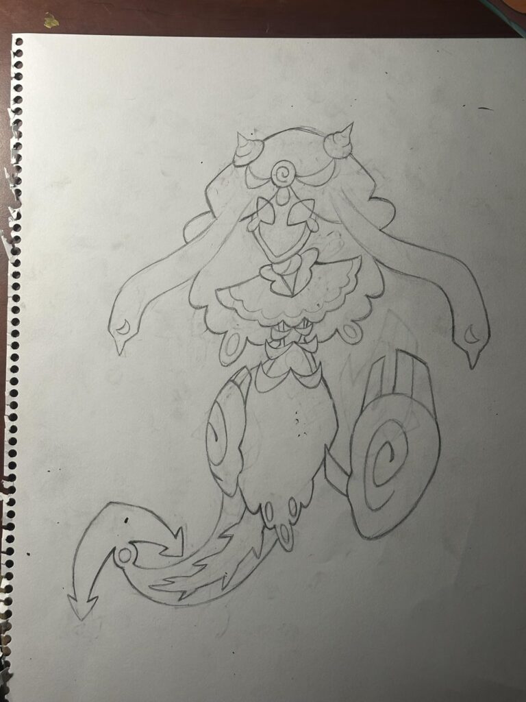 Redesigned the final evo of my regional water starter based on Sirens/Mami Wata/Ghost Nets. Is it overdesigned? (Swipe for pre-evos>>>)