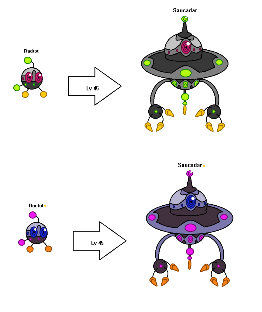 Meet Radtot and Saucadar, Both are pure Psychic types! based on UFOs and signal radars!