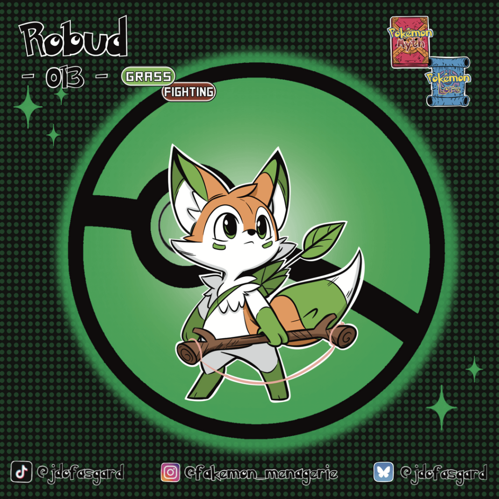 A Fox grass/fighting pokemon based on Robin Hood. (Fakemon_menagerie)