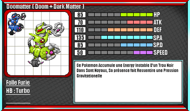 Fiche de Doomatteur Fakemon Ténèbre acier et j'ai fait une autre Description avant que je poste mais pas pris le temps a Modifier (Créé par un savant obsédé par les anomalies, ce Pokémon forgé dans un alliage inconnu est une abomination mécanique dont le cœur d'un trou noir.)