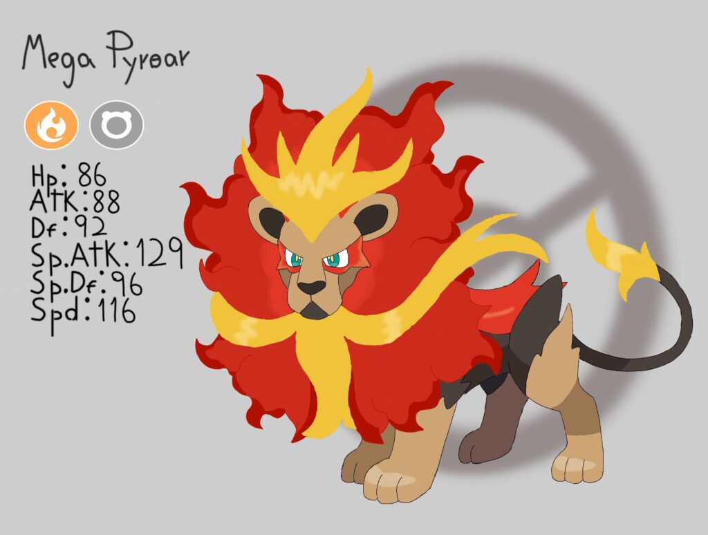 For this fakemon friday, here's my attempt at a Mega Pyroar in the Legends ZA wave 

"No matter the gender, any Pyroar blessed with the power of Mega Evolution will sprout a full fire mane and become the true ruler of all pokemon. Any who hears its mighty roar submit to its will"