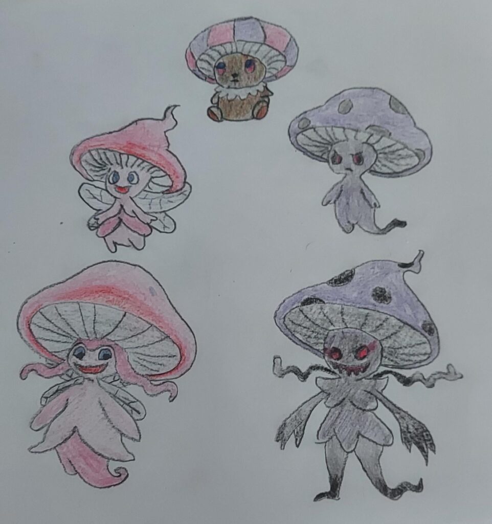 Idea for a split evolution based on the Ghost Mushroom. one Grass/Fairy and Grass/Ghost