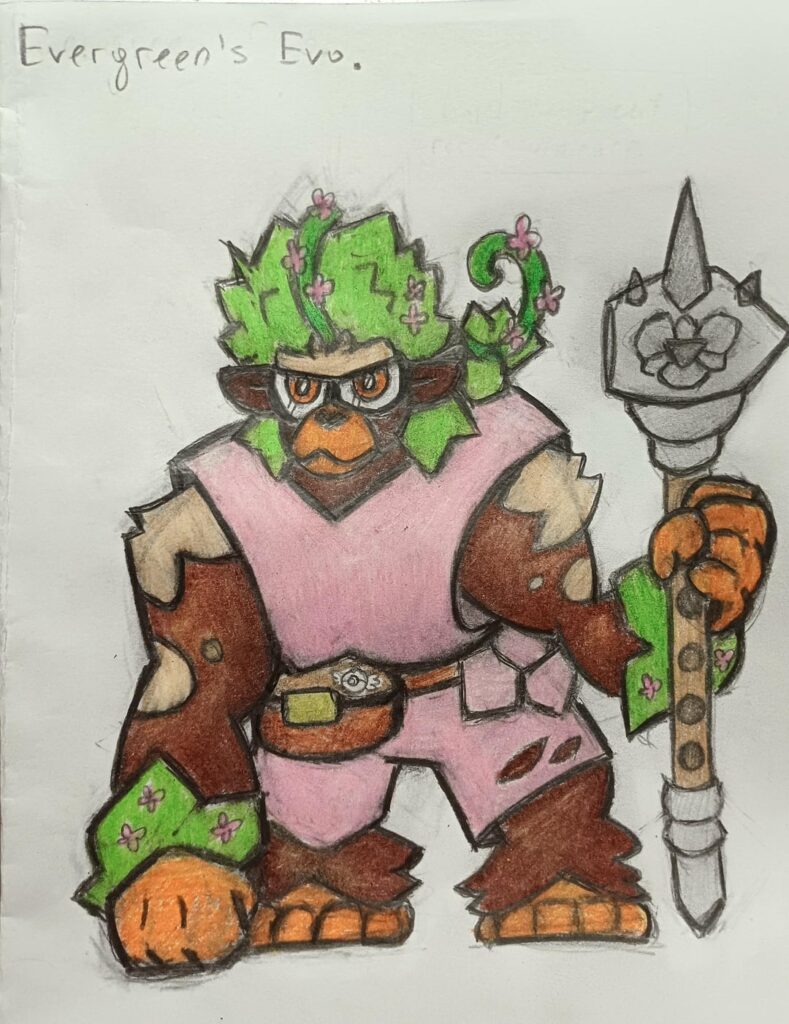 I made a little redesign of evolution of my OC. I feel like visually this one has a lot more personality than the one on the old sketch(Pre-evo colored sketch is also there). Nimiqbowl's Rillaboom redesign on tumbler inspired this one a little.