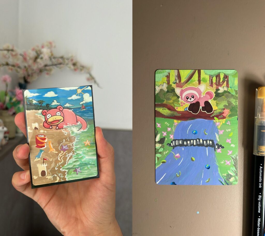 I made some full-art TCG cards out of regular cards! It's my first time trying this but it was fun!