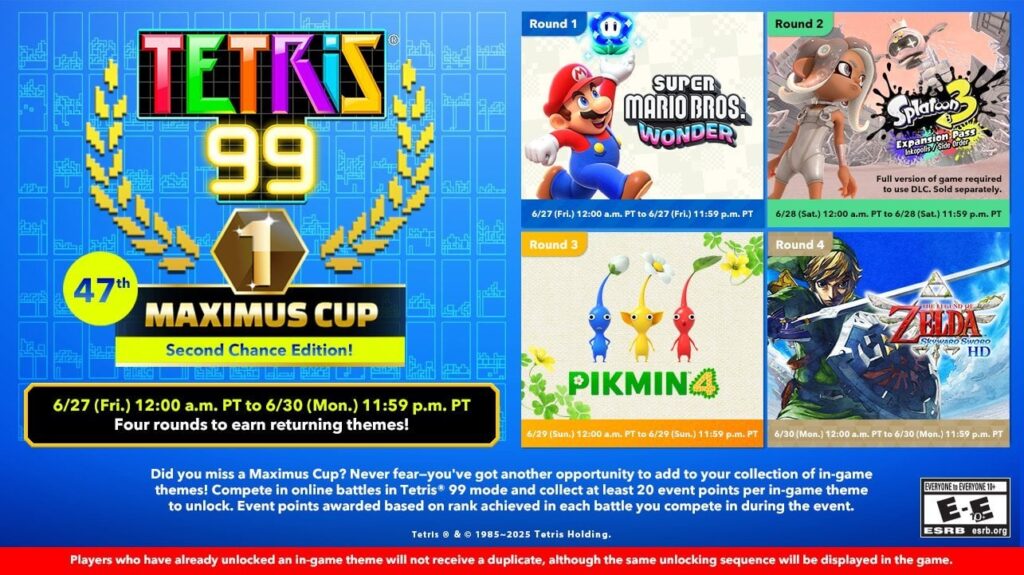 Starting June 27 at 12am PT, you’ll have another opportunity to earn past in-game themes with the Tetris 99 47th MAXIMUS CUP! This time, you only need 20 points to earn each.