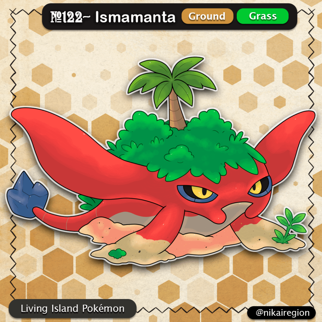 Island Manta Ray Pokémon - Ground/Grass Japanese Akaei Yokai Fakemon - @nikairegion