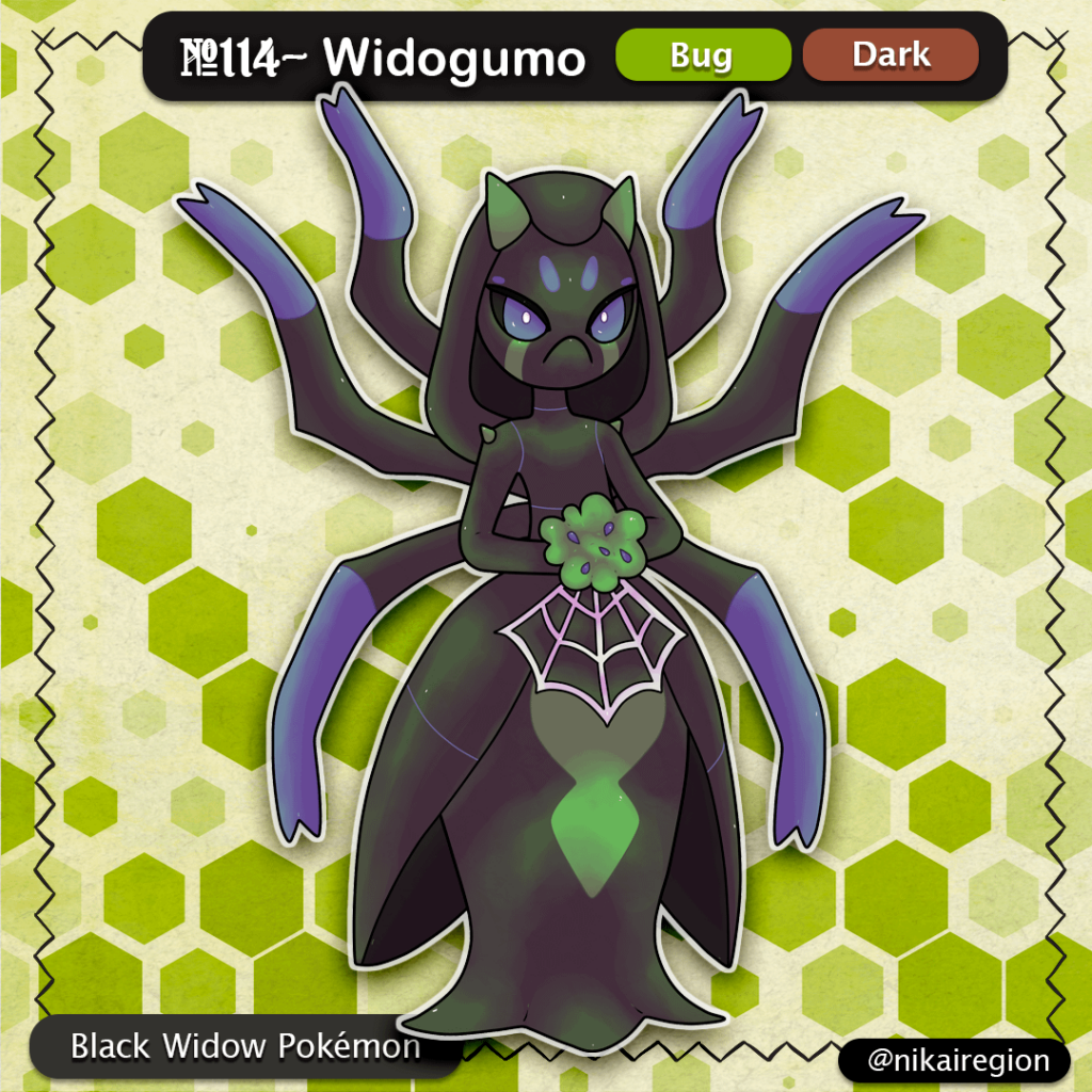 Black Widow Pokémon - Bug/Dark Spider Fakemon - Jorogumo Yokai Japanese Pokemon - @nikairegion