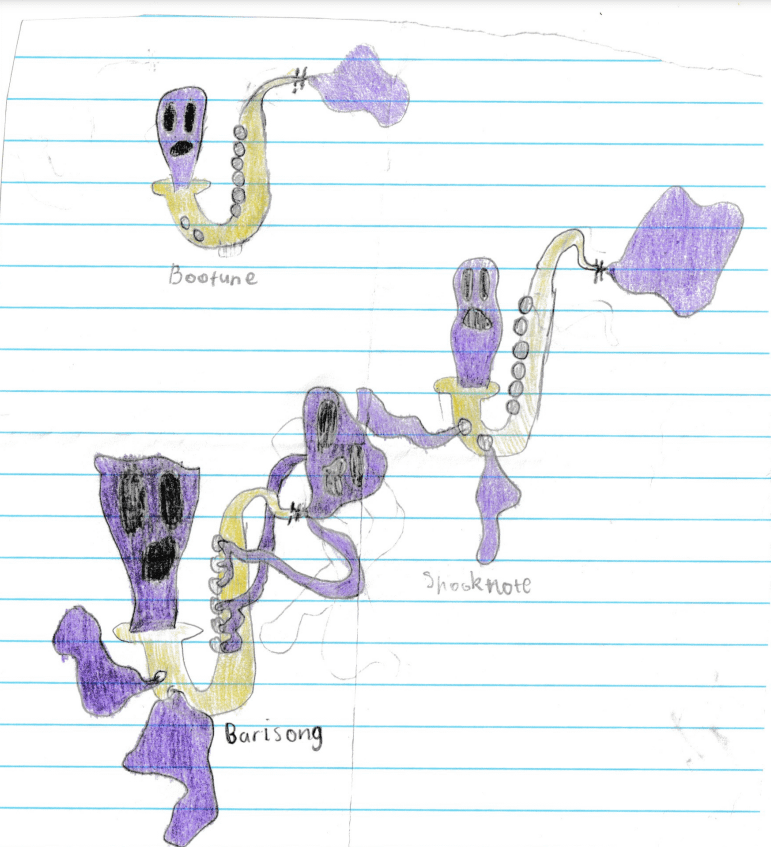 Ghost/Steel Fakemon line based off of a saxophone, first sketches