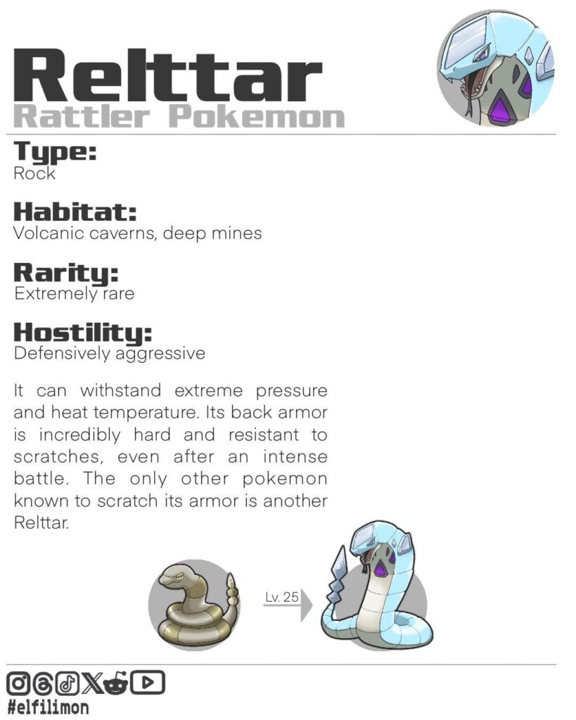 “Out of the rough, a jewel is born” Rock-type Ekans evolves to a Diamondback Rattlesnake. Rattler is an informal term for rattlesnakes.