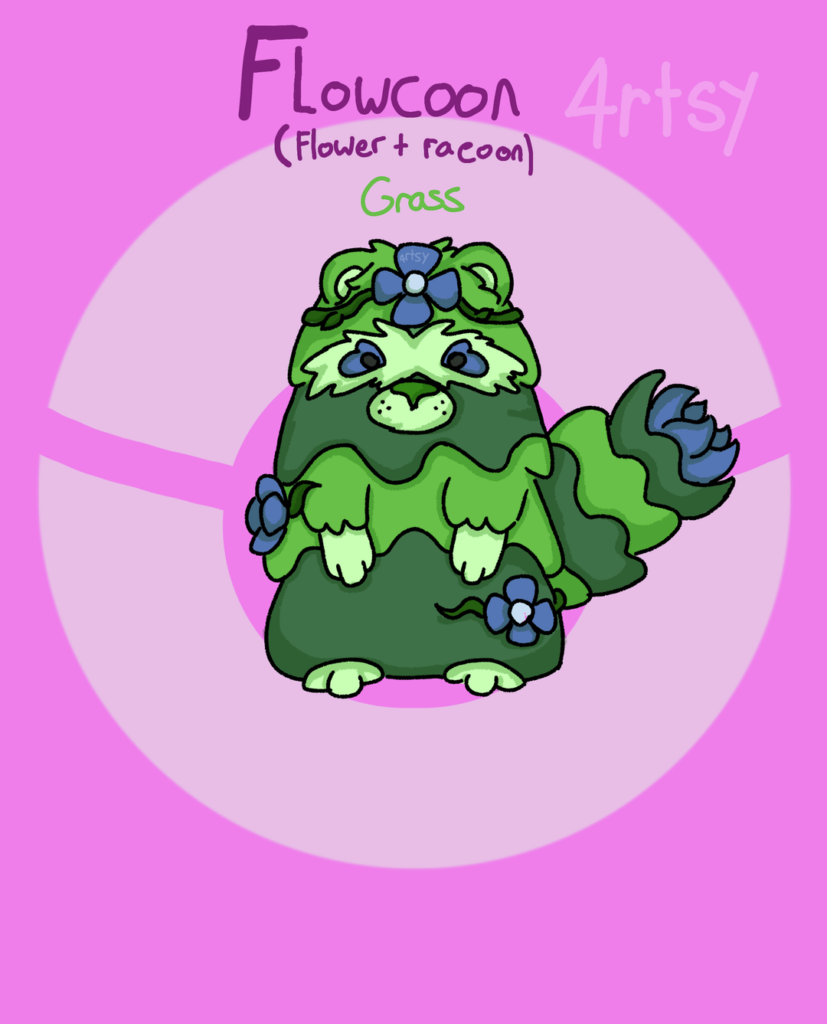 My new fakemon! Flowcoon (flower+ racoon) a grass type! What do you think? It's shiny is based on autumnal colours as there isn't enough shiny's like that