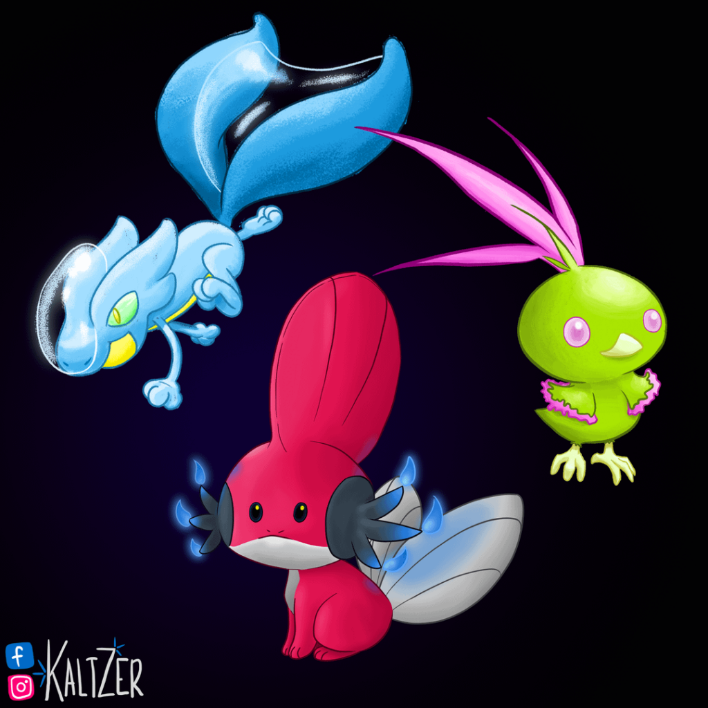 I drew opposite-typing Hoenn starters variants! Taking ideas for what to draw next!