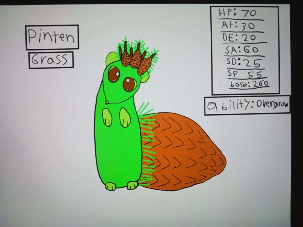 This was supposed to be a grass starter but I didn't know that starters need go be stronger and I can't think of a final evolution