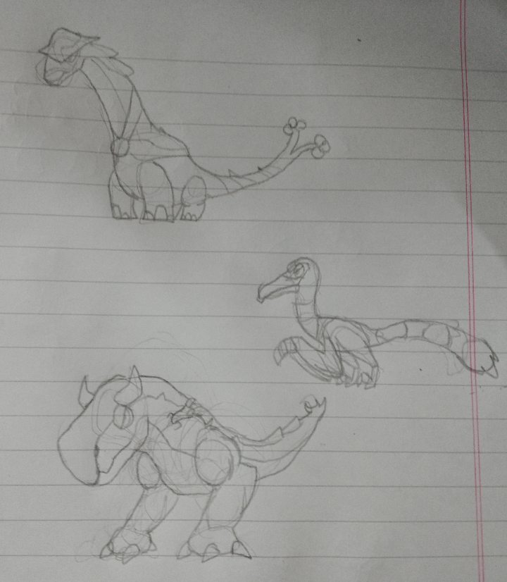 Some sketches of fakemons inspired by dinosaurs from my country