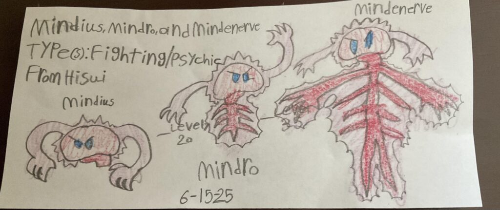 Meet Mindius, Mindro, and Mindenerve! They’re a line of nervous system Pokémon!