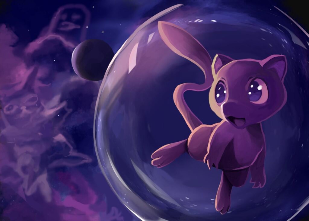 Mew reprising his role from Pokemon Snap of hanging out in his space bubble with astral projections (drawn by me)