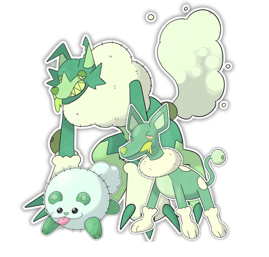 Woah! Your micro grass starter evolved! Meet Puffuff, Mycollie, and Mycanthrope! Grass/Poison spore pups!