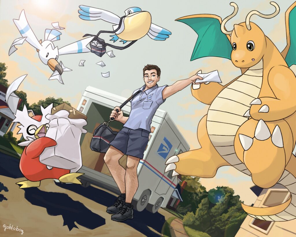 Pokémon team helping their mailman trainer in the delivery! Sharing a commission I did