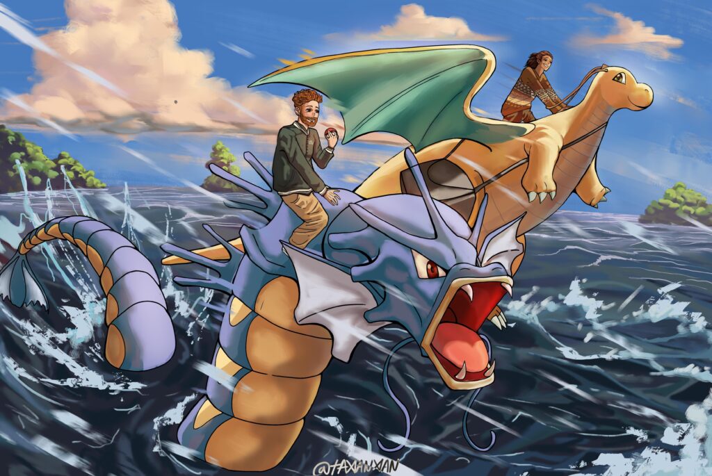 My friend drew me and my boyfriend with our favorite pokemon