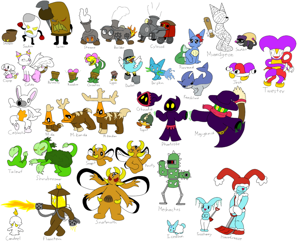 So, I'm sitting on over 400 designs for a like of Fakemon I call "Imagimon" and am finally redrawing and coloring them digitally. This is the first batch I'll post before doing all of Gen 1