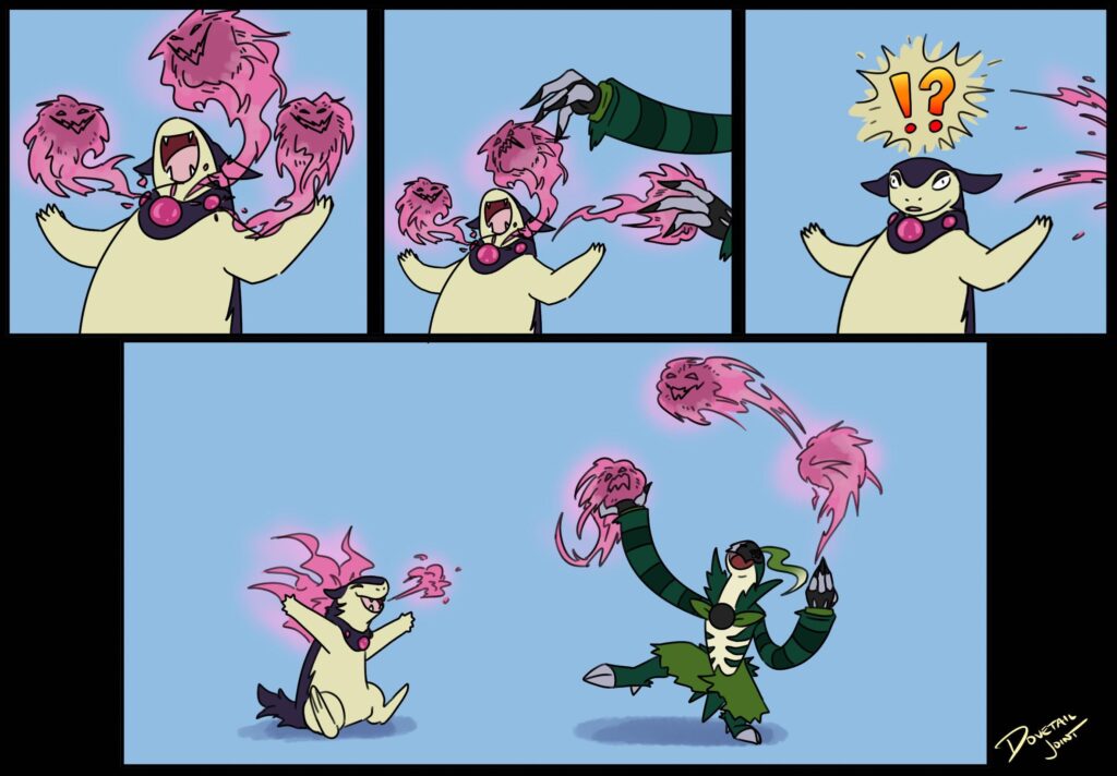 A short lil comic of my favorite Pokémon with AriesSheep’s fakemon OC