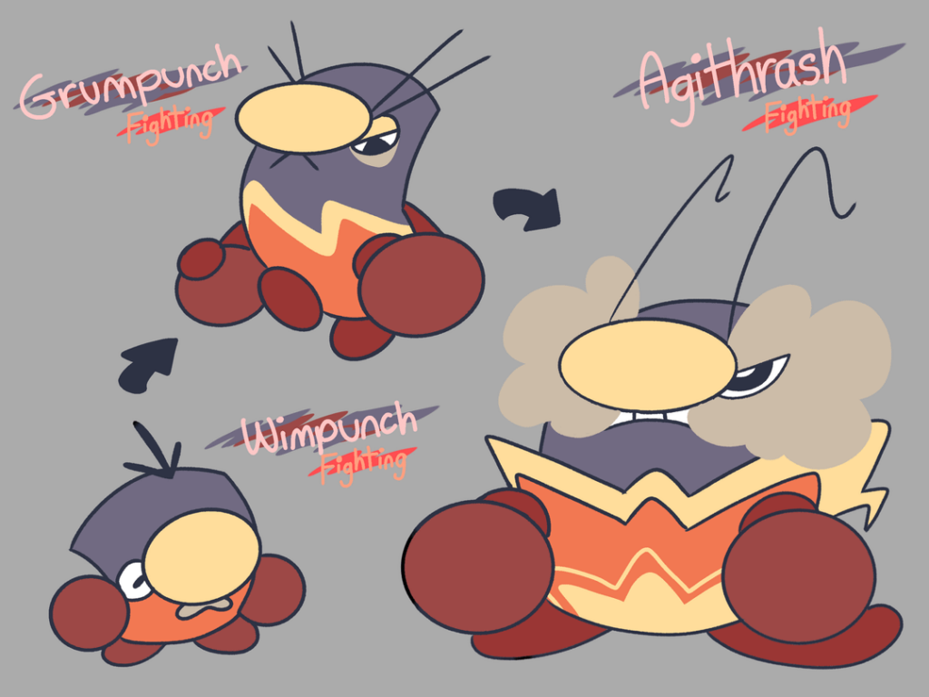 Meet Wimpunch, Grumpunch, and Agithrash! Based on Punching Bags! ( Object Fakemon )