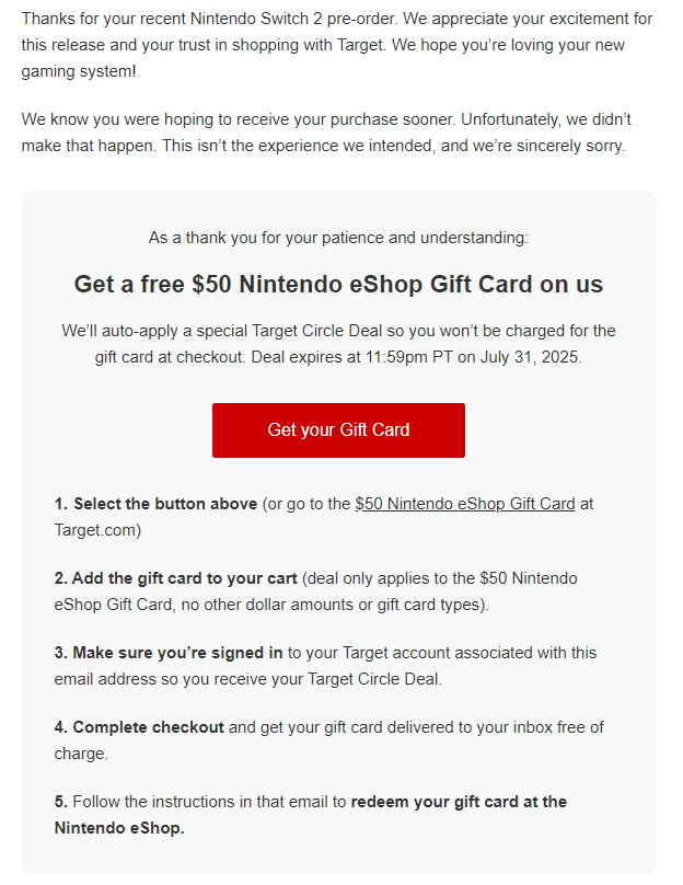 Target sent out a $50 gift card for late delivery of Switch 2 pre-order