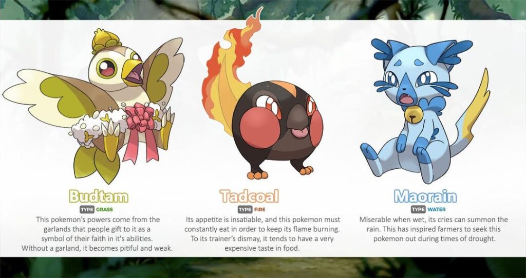 Some fakemon I designed for a Thai-inspired region!