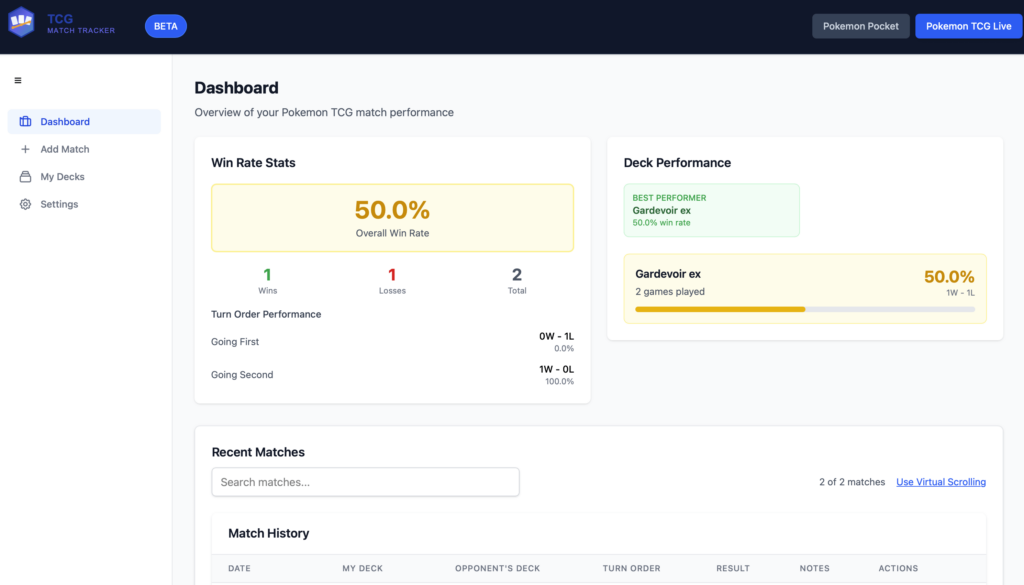 Master your Matchups with TCG Match Tracker (a web app for recording PTCGL matches)!