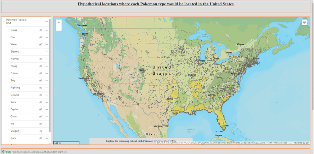 [OC] New to ArcGIS, made a map detailing where different Pokemon types would exist in the US based on a variety of factors.