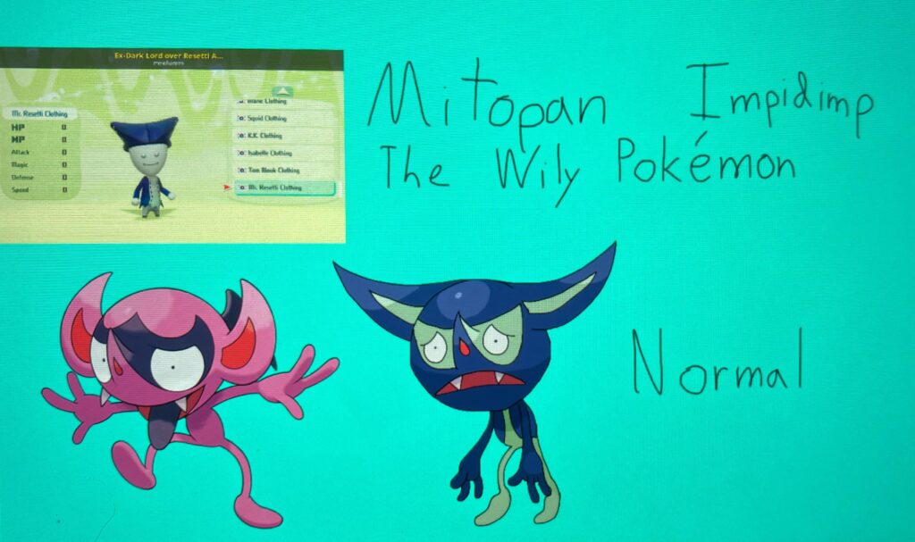 Day 2 of making Fakemon based on my other Reddit communities, this is Mitopan Impidimp, the Wily Pokémon!