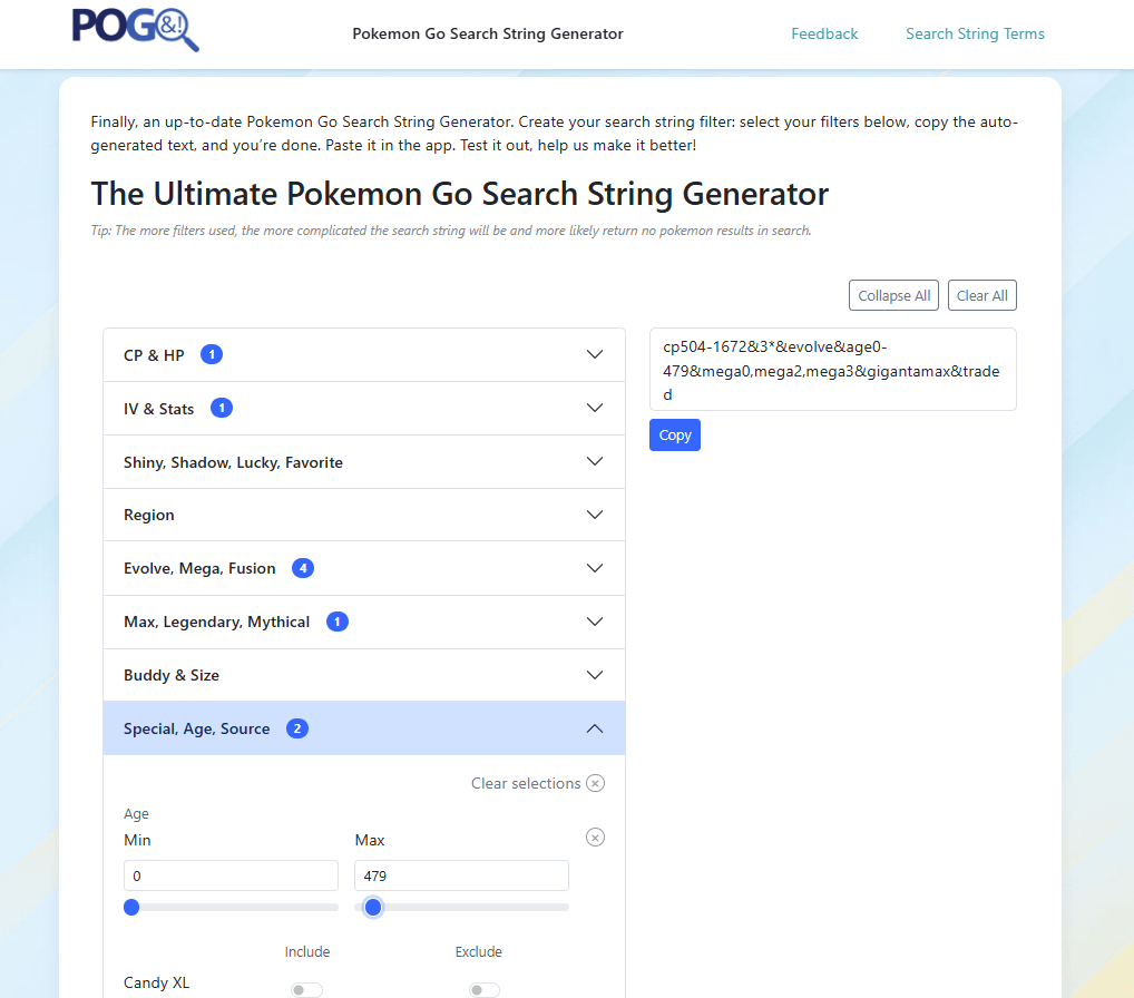 I built a Pokémon GO Search String Generator to make filtering easier